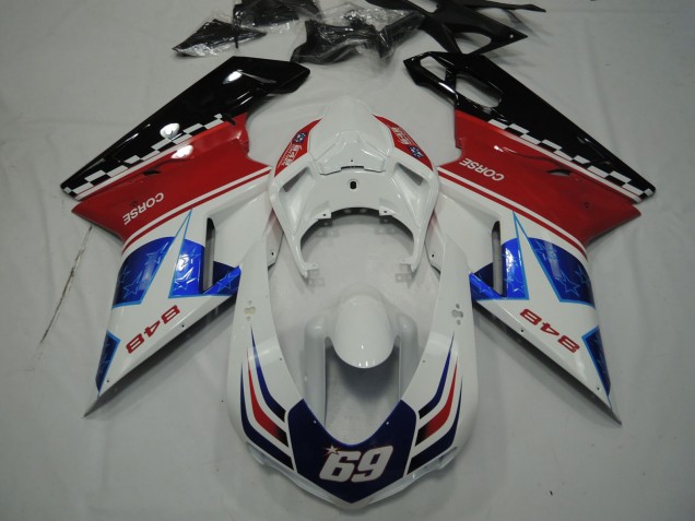 2007-2014 Ducati 848 Motorcycle Fairings - White Red Blue Glossy Black Corse 69 UK