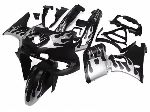 1993-2007 Kawasaki ZZR400 Motorcycle Fairings - Glossy Black Silver Flame UK