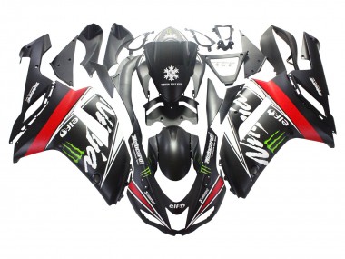 2007-2008 Kawasaki ZX6R Motorcycle Fairings - Black White Red with White Snow Decal Ninja Elf UK