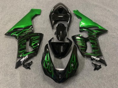 2005-2006 Kawasaki ZX6R Motorcycle Fairings - Glossy Black Green Flame UK