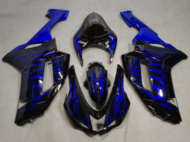 2007-2008 Kawasaki ZX6R Motorcycle Fairings - Black Blue Flame UK